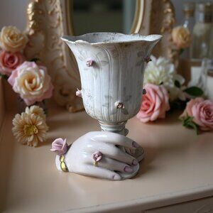 Vintage Porcelain Hand Vase with Applied Rosebuds – Grannycore Vanity Decor